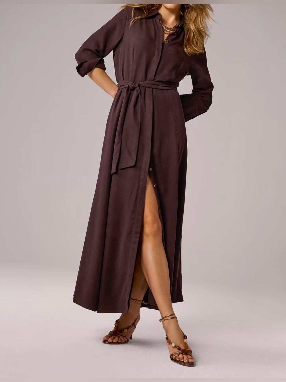 Brown Maxi Shirt Dress with Waist Tie